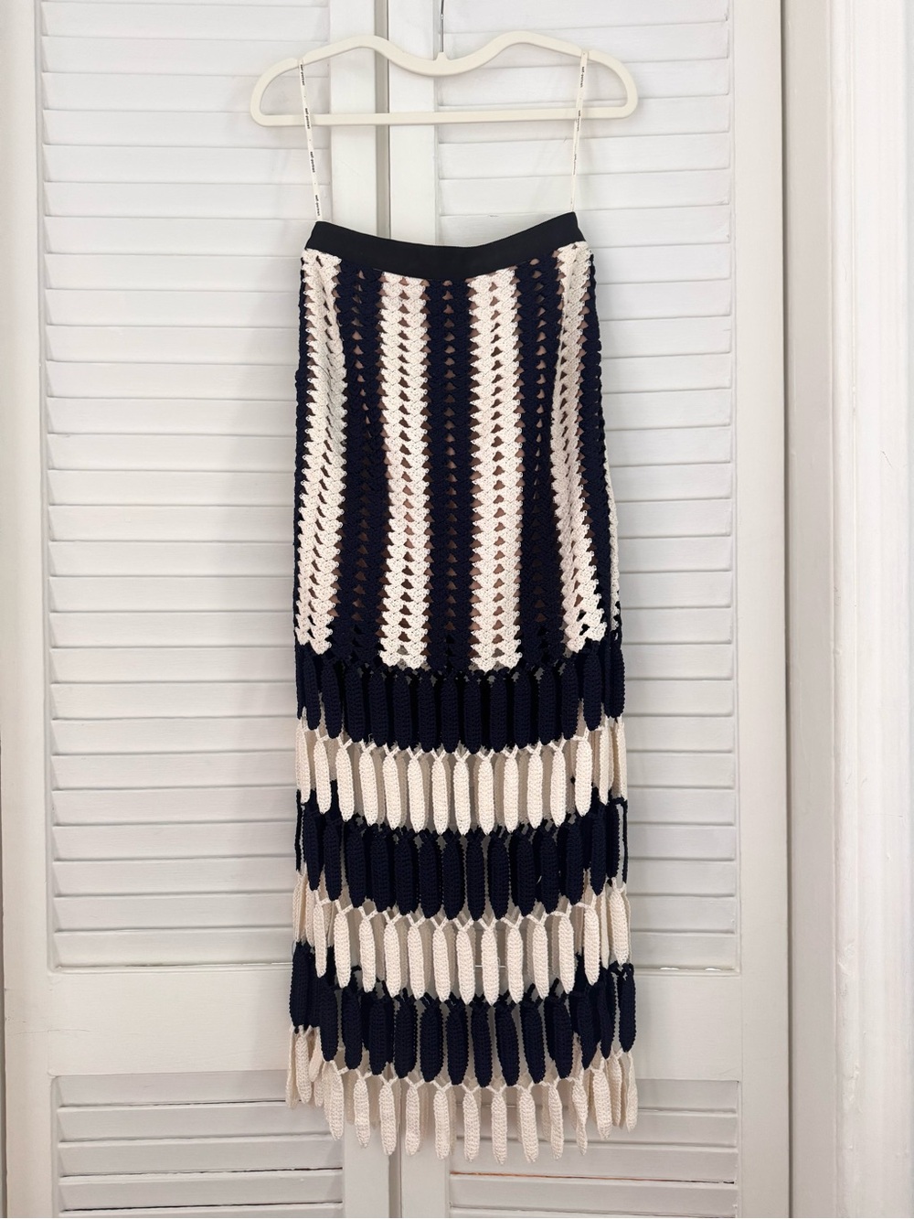 Self-Portrait Striped Crochet Knit Midi Skirt - Navy & White - Picture 4 of 8